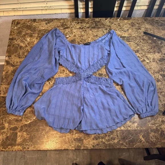 Pretty Little Things Cut Out Romper Size 10 Blue Line Elastic Waistband Boho - Picture 8 of 8